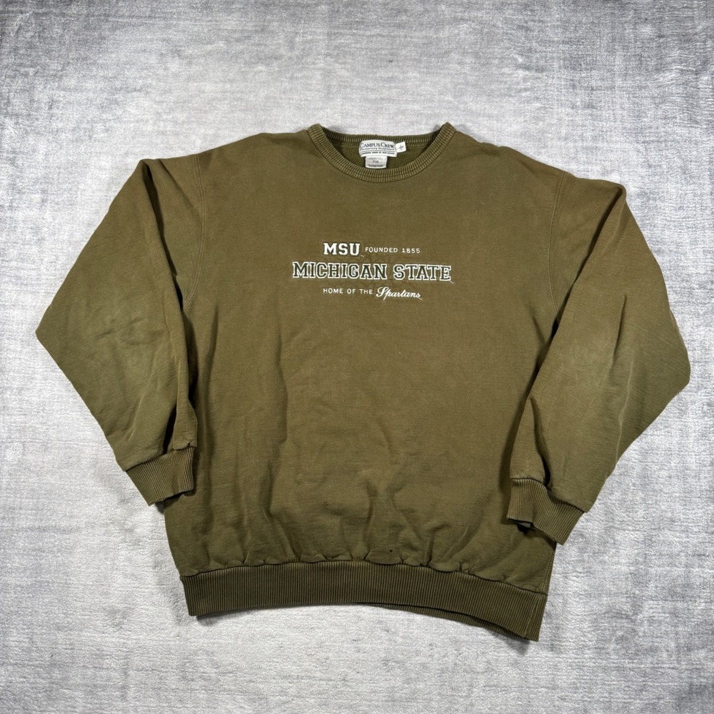 Michigan State Spartans MSU Sweatshirt Mens Large Olive Green Vintage Crewneck